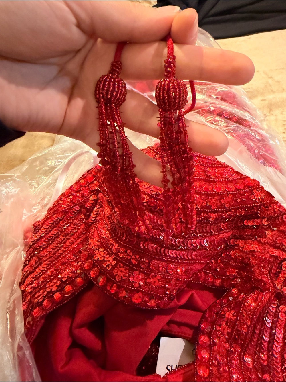 $650 Sherri Hill Scarlet Beaded Two-Piece Halter Gown Dress Set Red 52063 - Picture 6 of 6